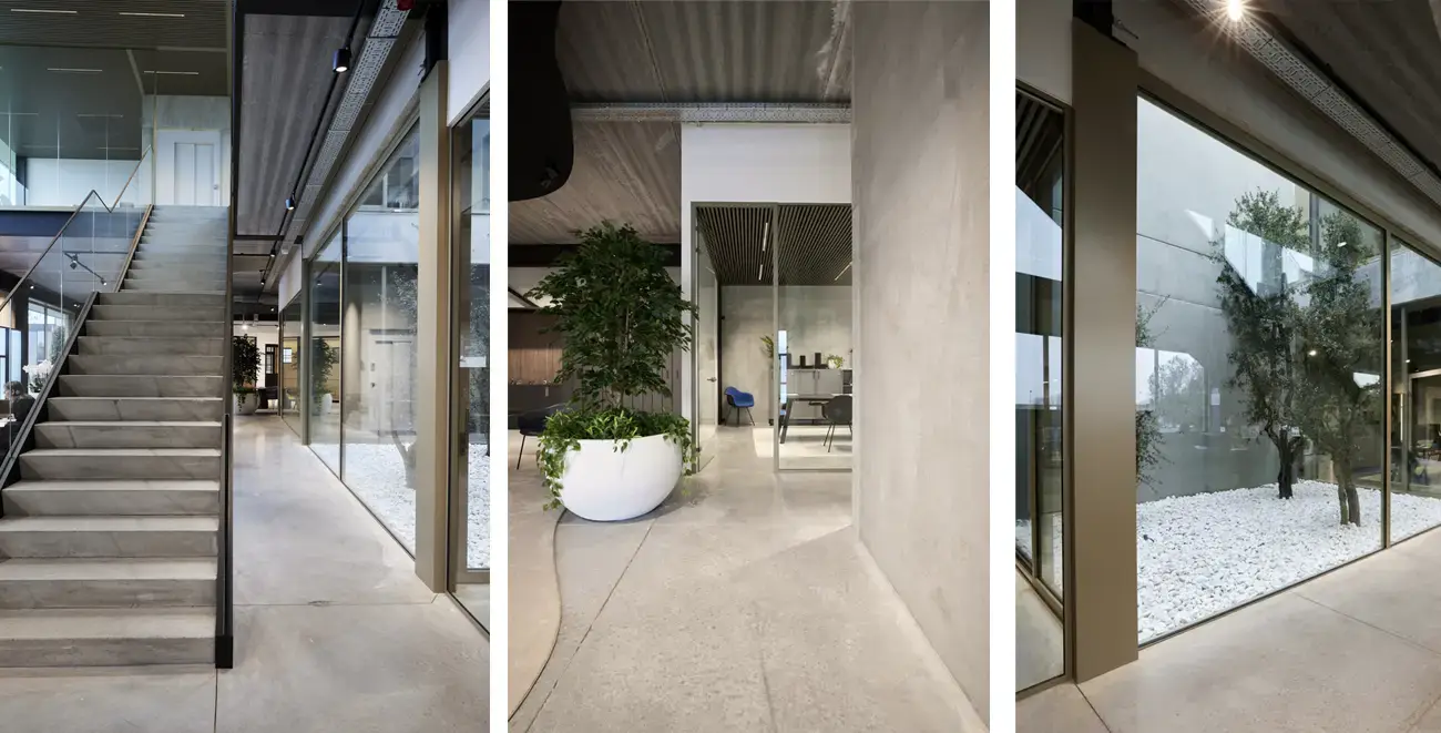 Interieur foto's van moderne betontrap, bureelruimte en geintegreerde tuin